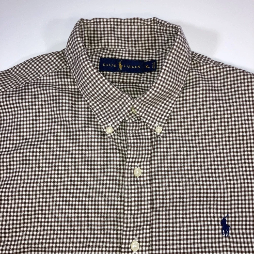 Polo‎ Ralph Lauren Shirt Mens XL Brown Gingham Check Button Down Cotton